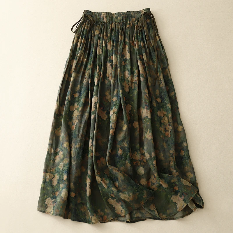 Vintage Women Skirts 2024 New Spring/summer Cotton Linen A-LINE Korean Clothing Sales High Waist Loose Print Chinese Style Skirt