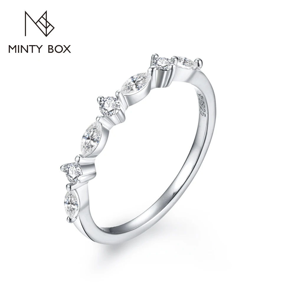 MINTYBOX Dainty Marquise Cut & Round Moissanite Rings for Women 925 Sterling Silver Half Eternity Ring Office Daily Wear Jewelry