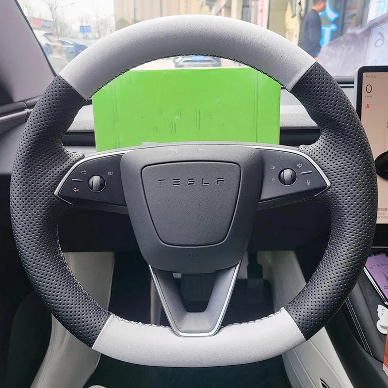جديلة الجلد المدبوغ نمط غطاء عجلة القيادة ل تسلا y نموذج العرعر نموذج 3 2023 2024 2025 ملحق التغطية الكاملة #3