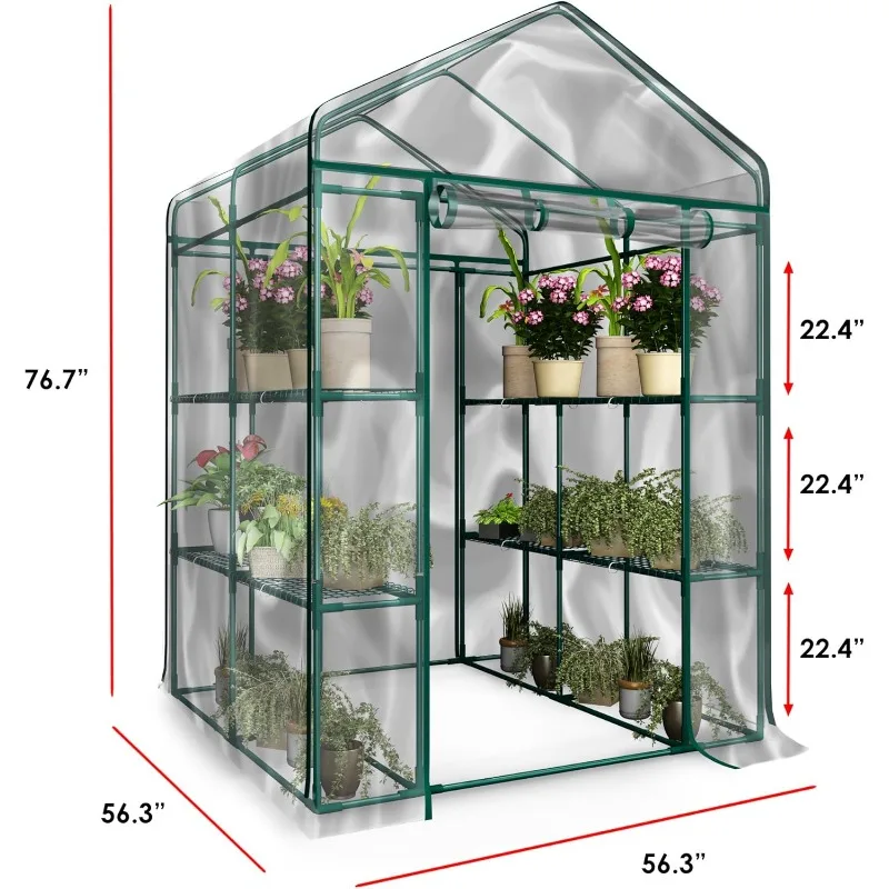 Greenhouse -Walk in Greenhouse with 8 Sturdy Shelves and PVC Cover for Indoor or Outdoor Use - 56 x 56 x 76-Inch Green House by