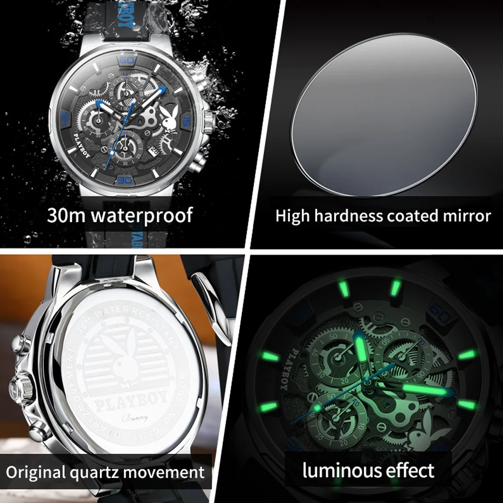 PLAYBOY 3063 Brand original authentic watches for man luxury Gift Box Silicone strap trendy quartz men's watch view 5