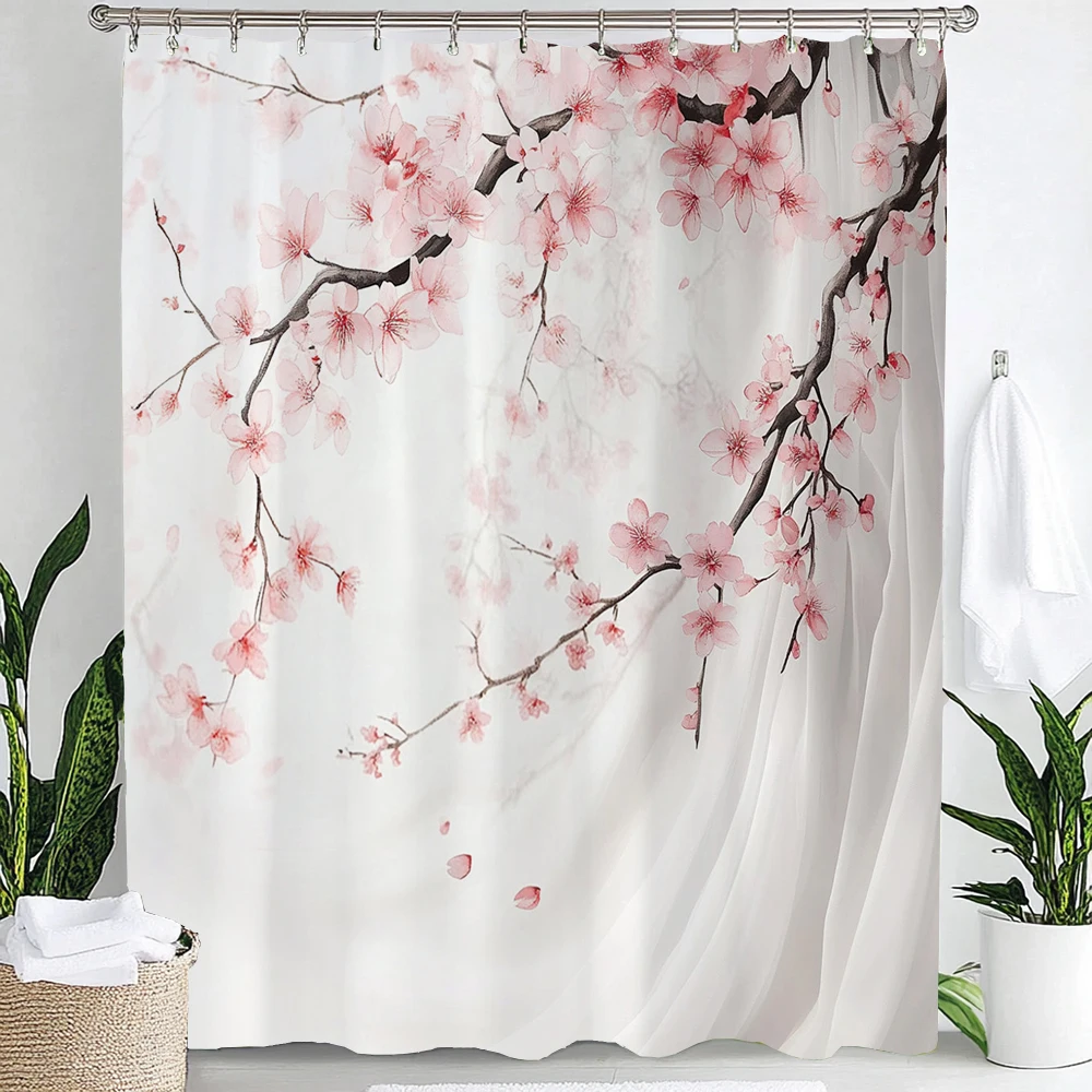 

1pc Pink Plum Blossom Flower Print Waterproof Shower Partition Privacy Hanging Curtain with Hooks Multiple Size Machine Washable
