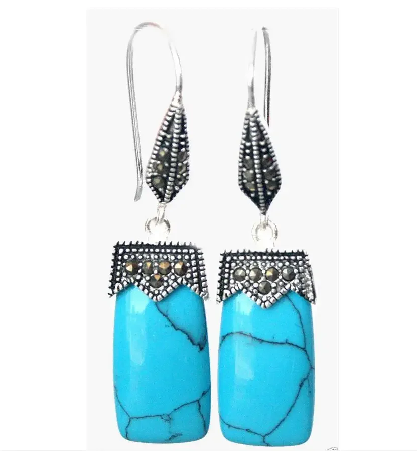 

fashion jewelry Natural Turquoise 925 silver macasite earrings 2"