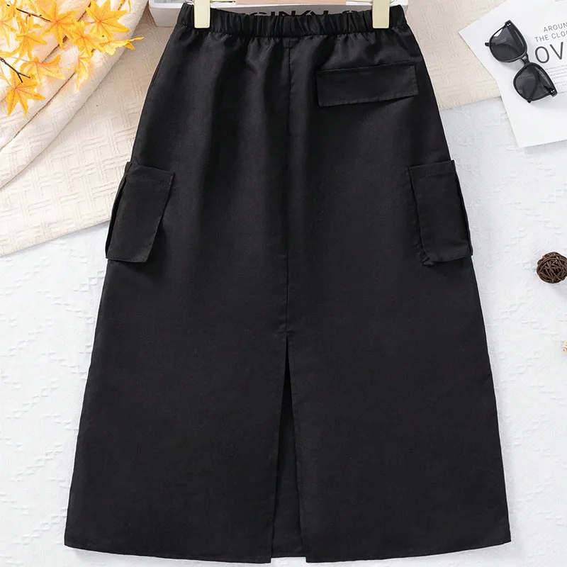 Summer Girls Can Love Multiple Pockets Solid Color Drawstring Skirt Daily Leisure Princess Birthday Party Skirt Clothing