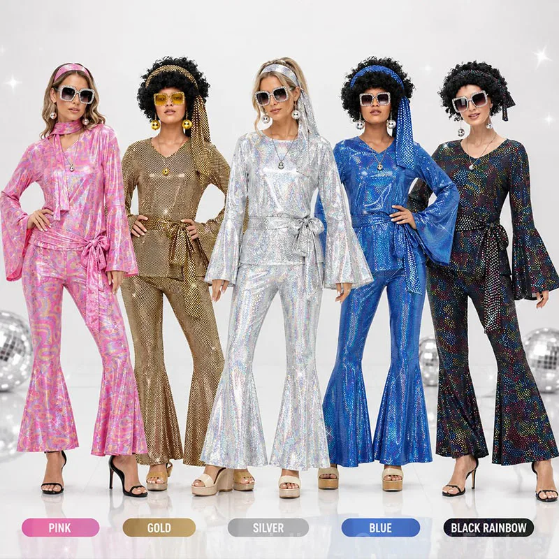2026 New Women Halloween Disco Party 70s Women's Disco Costume Set Top Pants Sunglasses Necklace Earrings Wig Cosplay Dress Up