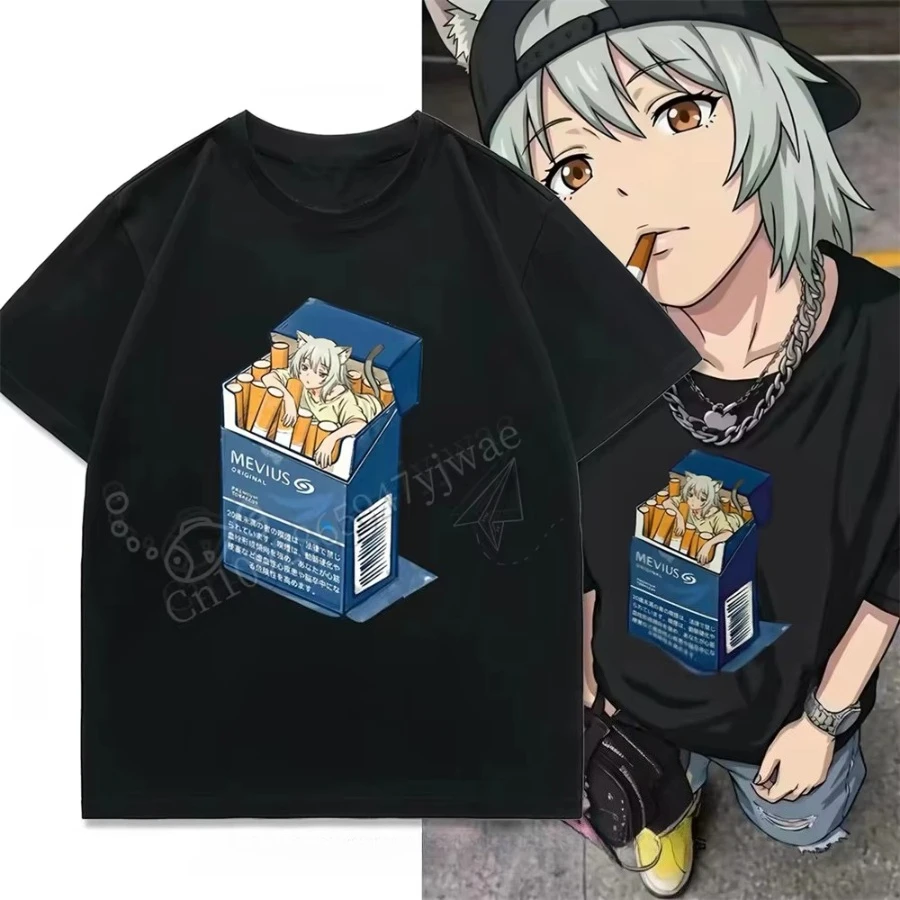 Chainsmoker Cat Yaniko Satou Cigarettes Graphic Short Sleeved Casual Streetwear Anime Fans Tee Summer Men Women Beach T-Shirts