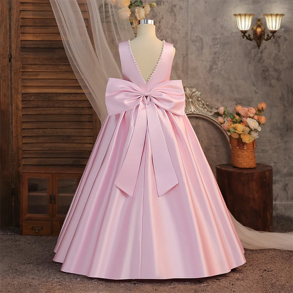 Weißes Blumenmädchen-Kleid mit Perlenstickerei und Schleife, Tüll-Hochzeitsballkleid, Modell-Kostüm für Klavieraufführungen, Bankett, Geburtstag, Prinzessinnenkleid – Detail 4