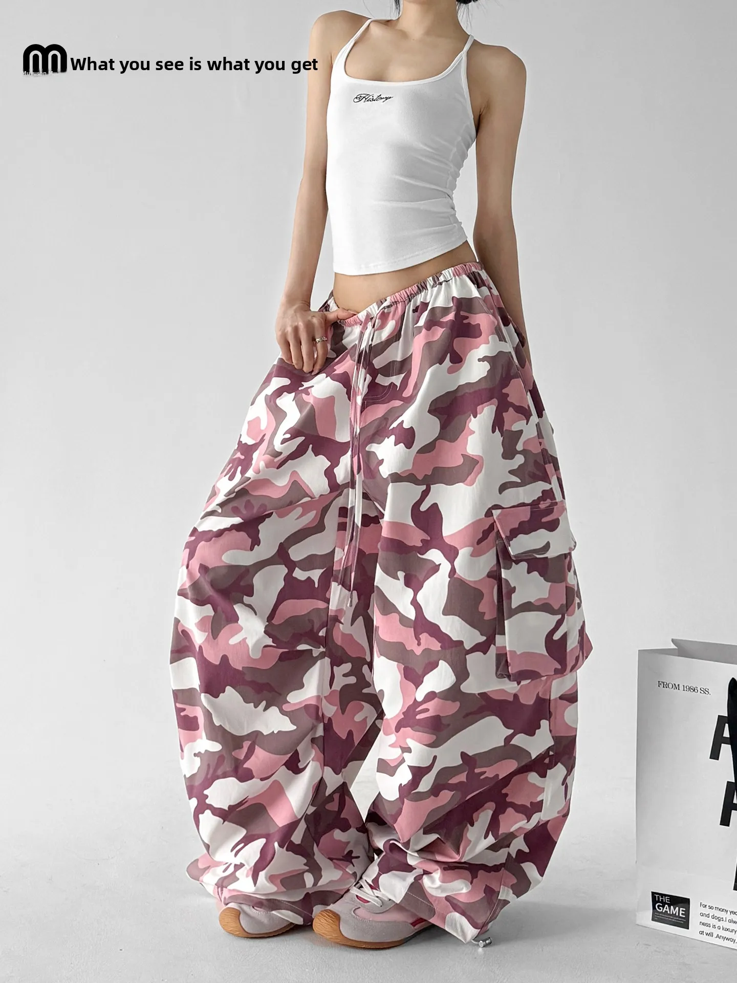 

2026 Summer Camouflage Wide Leg Pants Women's Loose Workwear Style High Waist Polyester Fiber Casual Trousers for Ladies