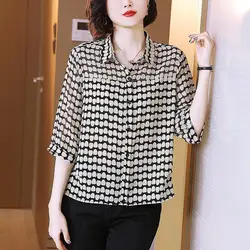 Summer New Women's Wave Point Turn-down Collar Button Spliced Fashion Casual Loose Versatile Half Sleeve Chiffon Shirt Tops