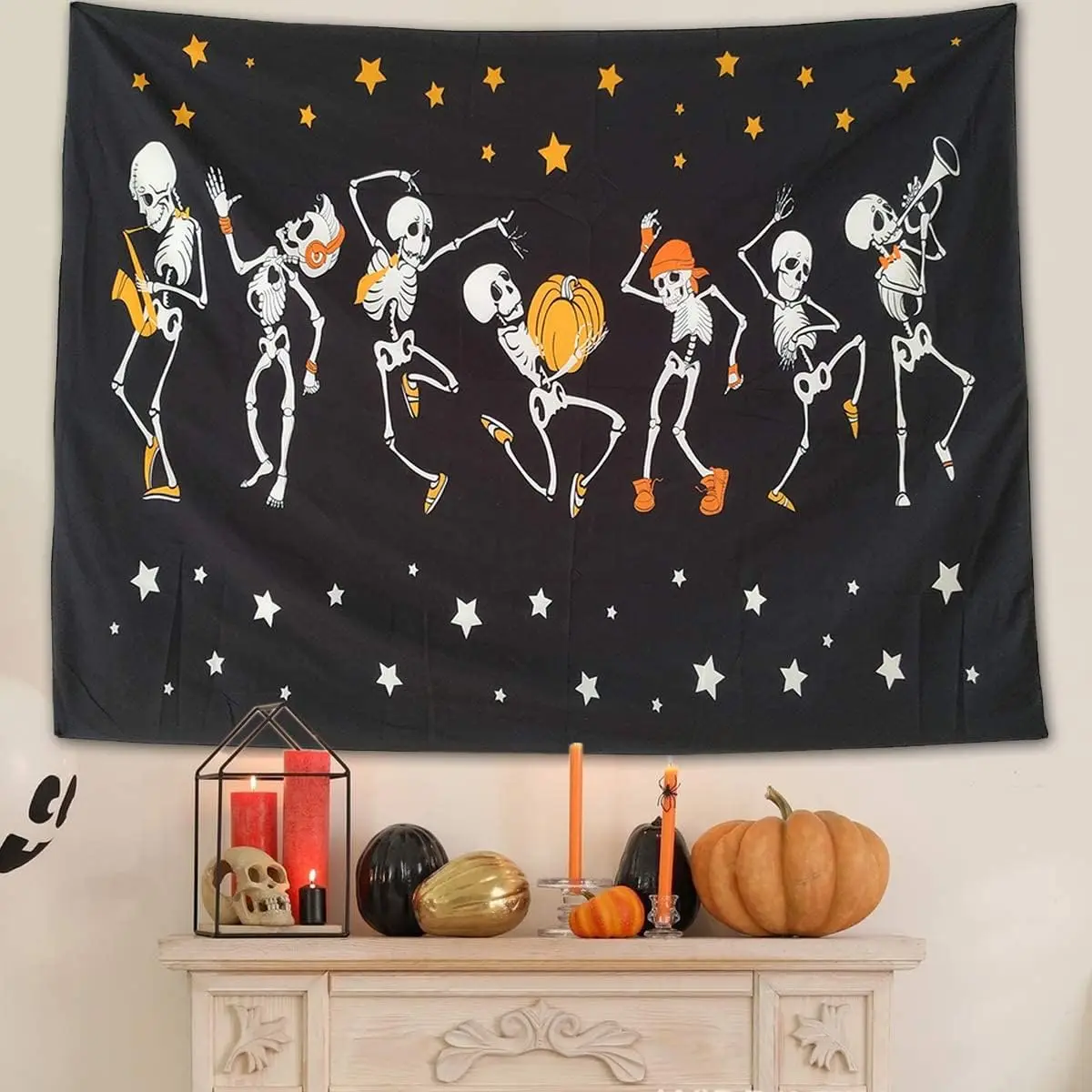 Halloween Dancing Skeletons Tapestry, Starry Night Skull Band Wall Hanging for Bedroom Living Room, Spooky Party Holiday Home