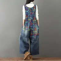 Johnature Women Denim Jumpsuits Print Floral Vintage 2025 New  Women Clothes Casual Quality Hole Wide Leg Jumpsuits - Image 4
