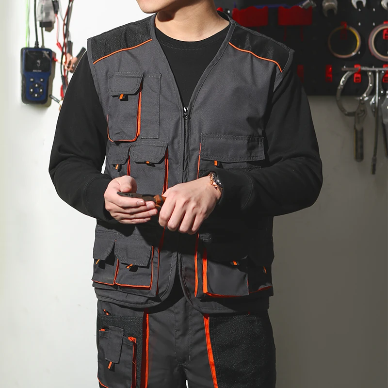 Work Suit for Mechanic Multi Pockets Vest and Cargo Pants Set Construction Work Clothes for Men Welder