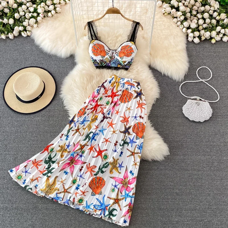 2024 Runway Designer Starfish Skirts Sets Summer Outfit Two Piece Women Knitted Cropped Tops And Pleated Long Skirt Matching Set