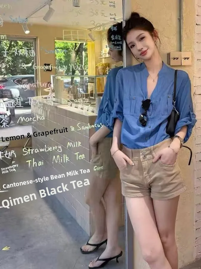 

plus Size 300 Pounds Fat MM Hong Kong Style Blue Thin Casual Shirt Women Summer Loose Ins Shirt Breathable Skin-Friendly Long...