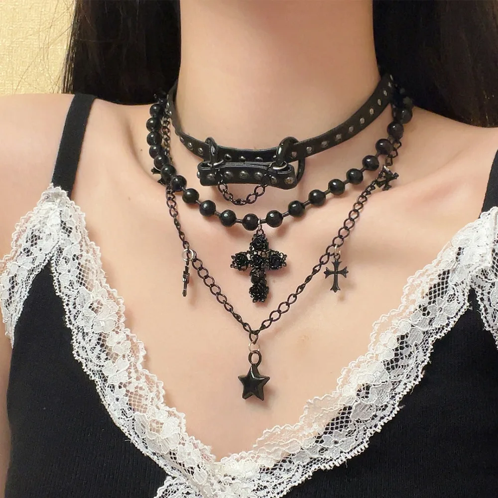 

Dark Theme Night Thorn Cross Star Multilayer Choker Necklace Women Y2K Spicy Girl Black Leather Neck Chain