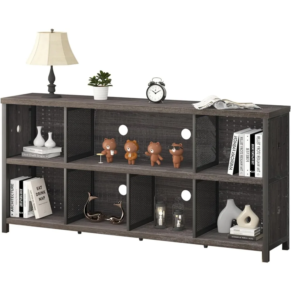 Industrial Horizontal Bookcase, Rustic Wood 4 5 6 7 8 Cube Bookshelf, Modern Wide Long Low Book Shelf, Vintage Large Open Cu