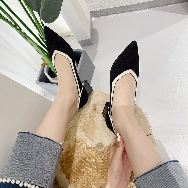 Women shoes fashion color-blocking high-heeled shoes pointed thick heel knitting fashion breathable non-slip 2023 new spring aut