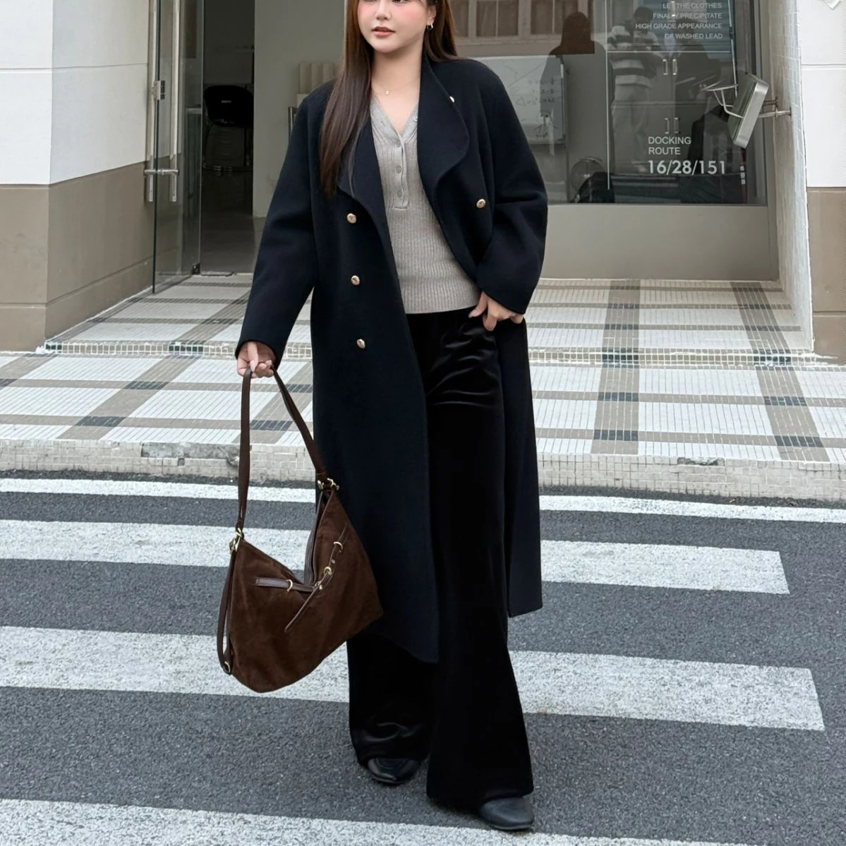 Fashion Plus Size Women Woolen Coat Premium Simple Luxurious Commuter 69% Wool Double Sided Gold Buckle Loose Long Overcoat 9428