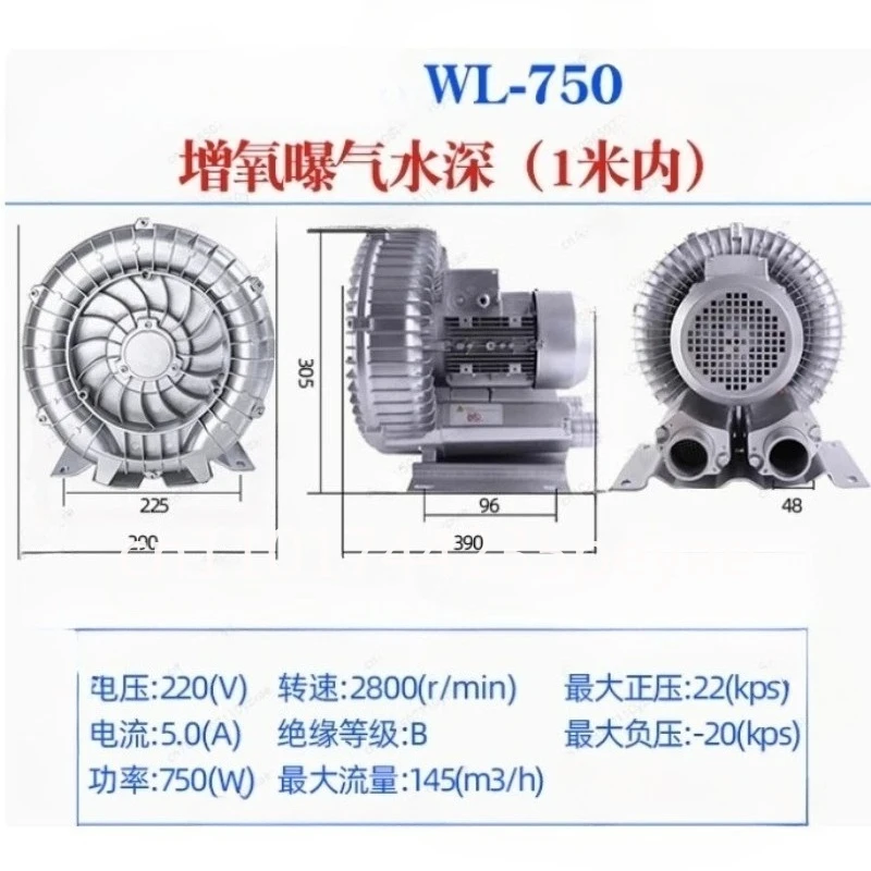 Axial Flow Vortex Fan Oxygen Booster Pump Silent High Pressure Blower 220V 750W Single Phase High Pressure Vortex Fan Air Pump