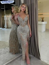 Sparkly Crystal Tassel Prom Gown Sexy Illusion Cocktail Dresses Luxury Straight Long Evening Dress Customized Robe De Mariée