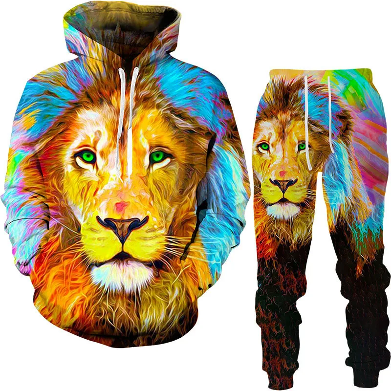 2024 New Lion Pattern Hoodie Pant Suit 3D Print Casual Men Women High Quality Tracksuit Outfits Fashion Men\'s Clothing 2pcs Sets