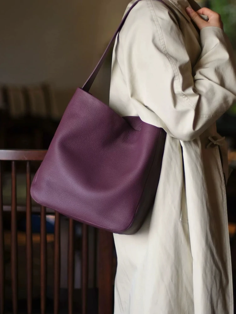Black Fashion Simple Genuine Leather Women Tote Bag\Handbag Casual Real Leather Lady Underarm Shoulder Commuter Bag Big