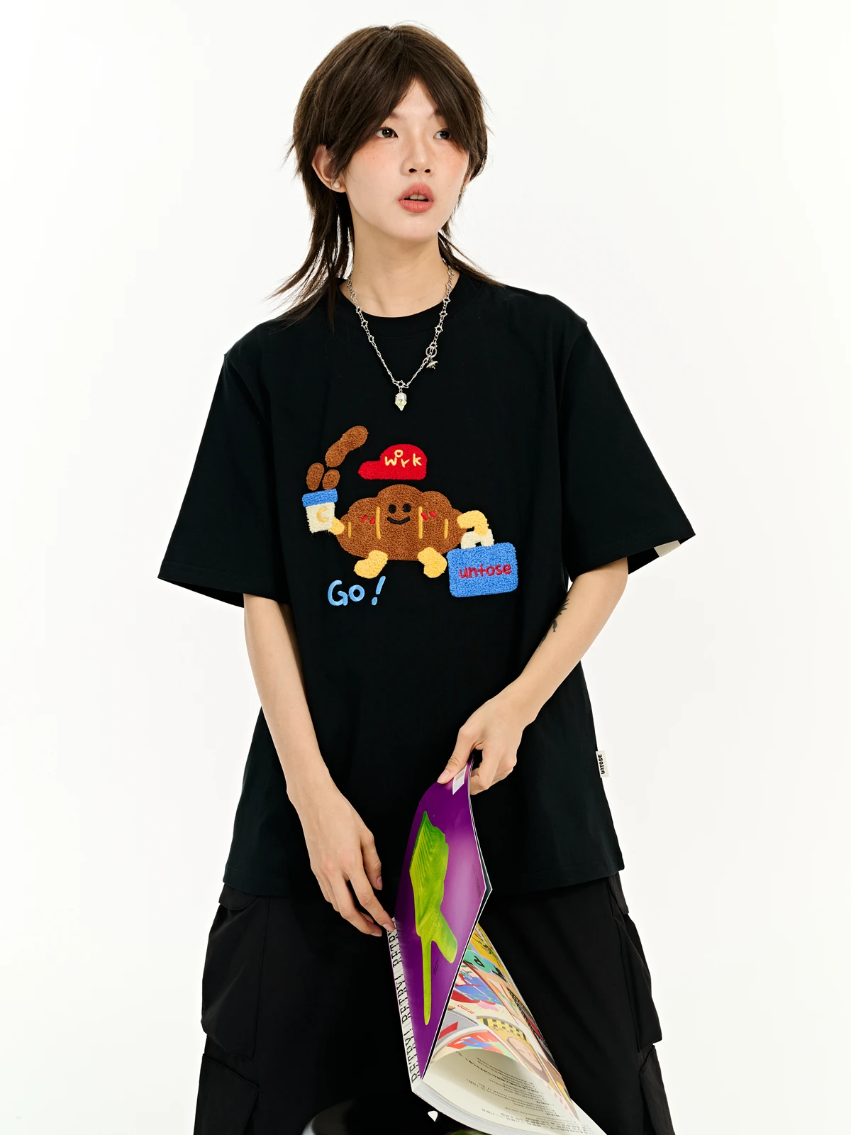 

Футболка Jujy Universe из хлопка с коротким рукавом, вышивкой и махровой отделкой, унисекс, свободный крой, круглый вырез, весенняя модная рабочая одежда