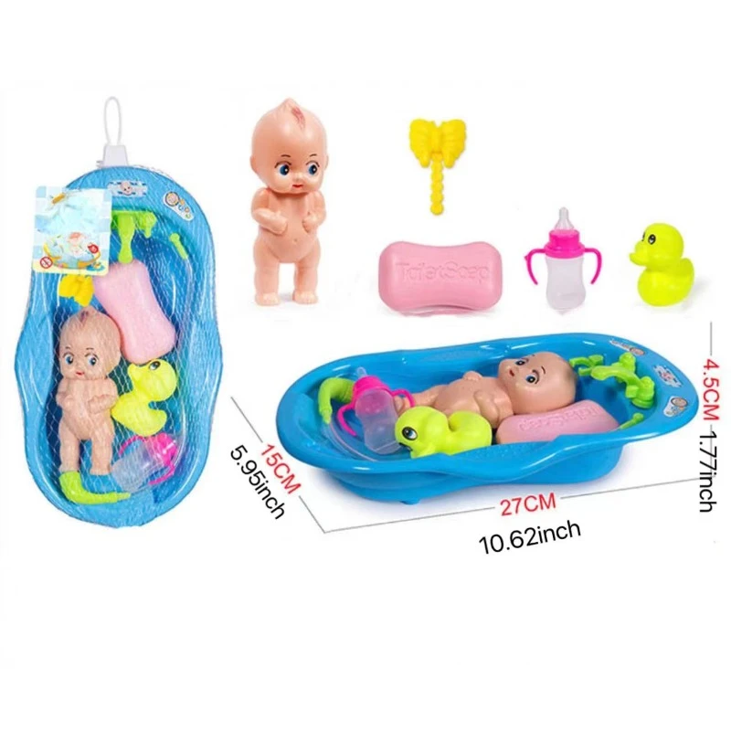 Realistic Baby Doll Bath Toys Little Newborn Doll Bath Set with Bathtub Shower Accessories Soap Duck Bottle for Kid Pretend Play