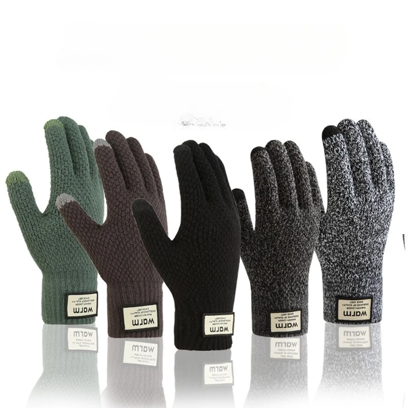 Woolen Gloves for Cycling Men, Thickened Velvet for Warmth and Winter Windproof Touch Screen Knitted Gloves