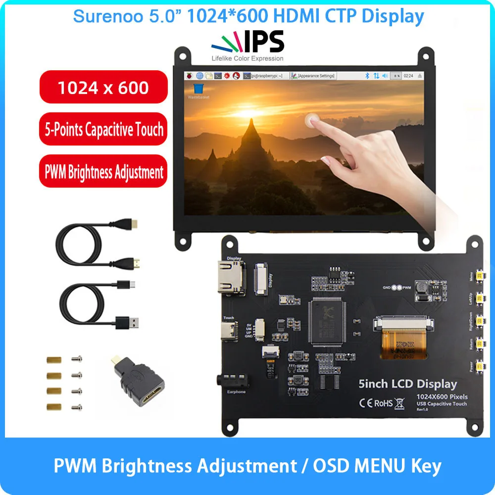 

5.0" 5 inch 1024*600 HDMI-Compatible IP LCD Module Monitor Display Screen with USB Capacitive Touch Panel for RaspBerry Pi