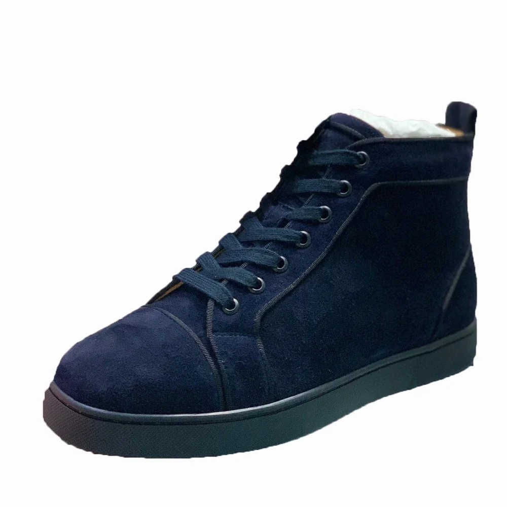 Zapatillas altas de moda con parte inferior roja para hombre, zapatillas deportivas de marca de lujo para conducir, zapatos de cuero genuino de ante azul con pinchos, zapatillas planas con remaches