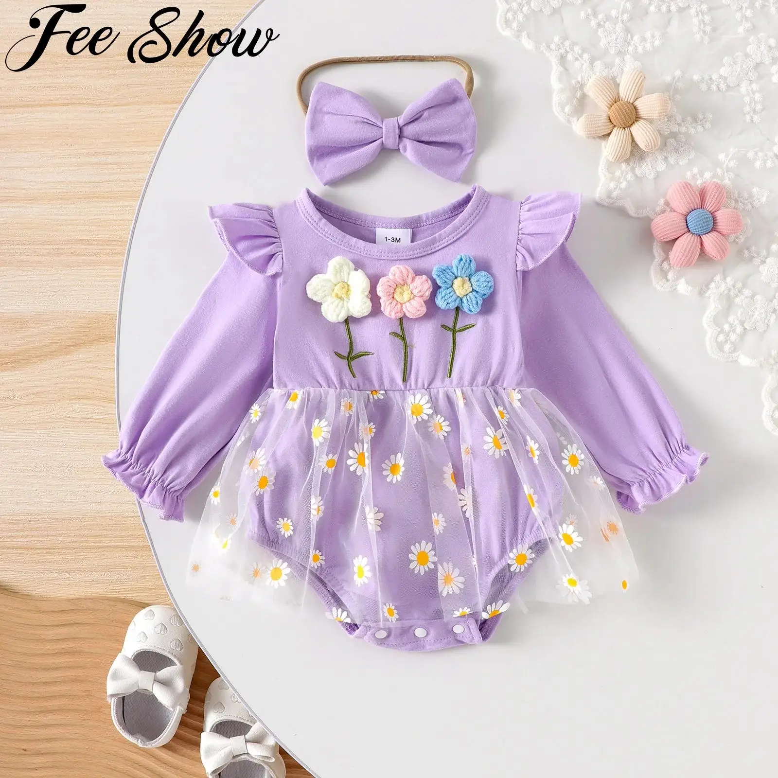 

Infant Baby Girls Sweet Romper Dress Long Sleeves 3D Flowers Jumpsuit with Headband Birthday Party Cake Smash Photography Outfit