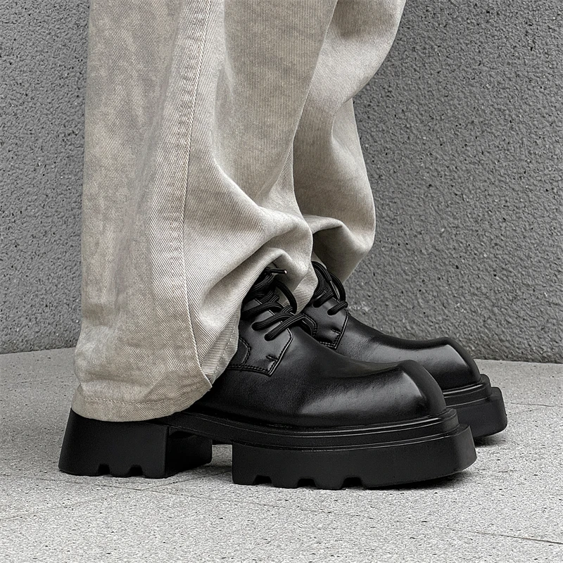 Derby Square headed men\'s leather shoes Trendy minimalist style Fashion Party office Outdoor leisure youth thick soled shoes Hot