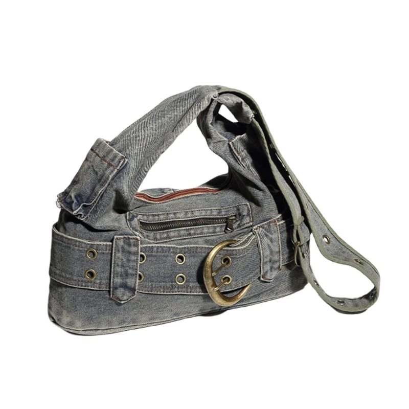 Fashionable Washed Denims Shoulder Bag for Women Punk Jeans Underarm Handbag