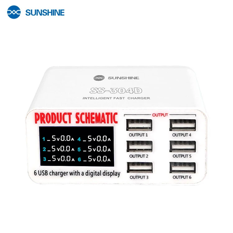 SUNSHINE SS-304D Carregador de display LED inteligente USB de 6 portas é uma ferramenta adequada para todos os telefones celulares, tablets, iPhone, Samsung ml