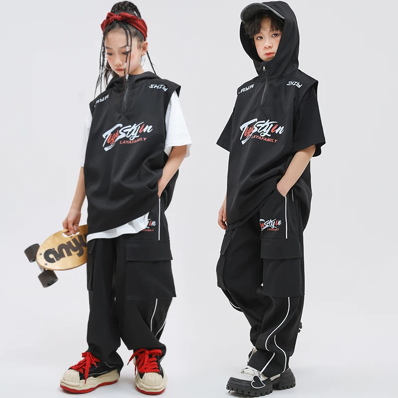 Kids Hip Hop Clothing Streetwear Outfits Crop Tank Tops Casual Patch Cargo Pants for Girls Jazz Dance Costumes Stagewear Clothes