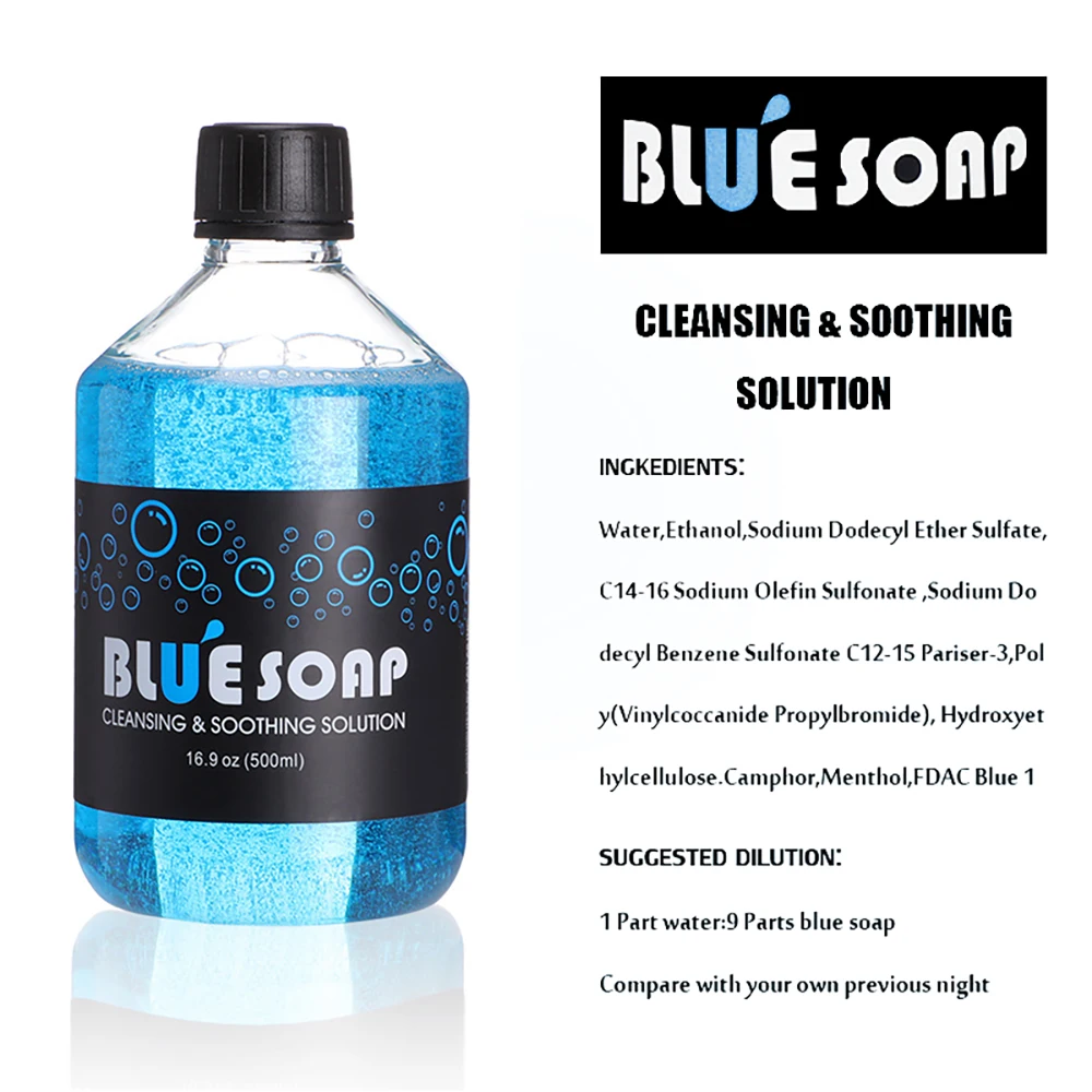 Sapone blu di qualità con diffusore di bottiglie di tatuaggio spremere la bottiglia di pulizia soluzione lenitiva sapone di alghe blu forniture per