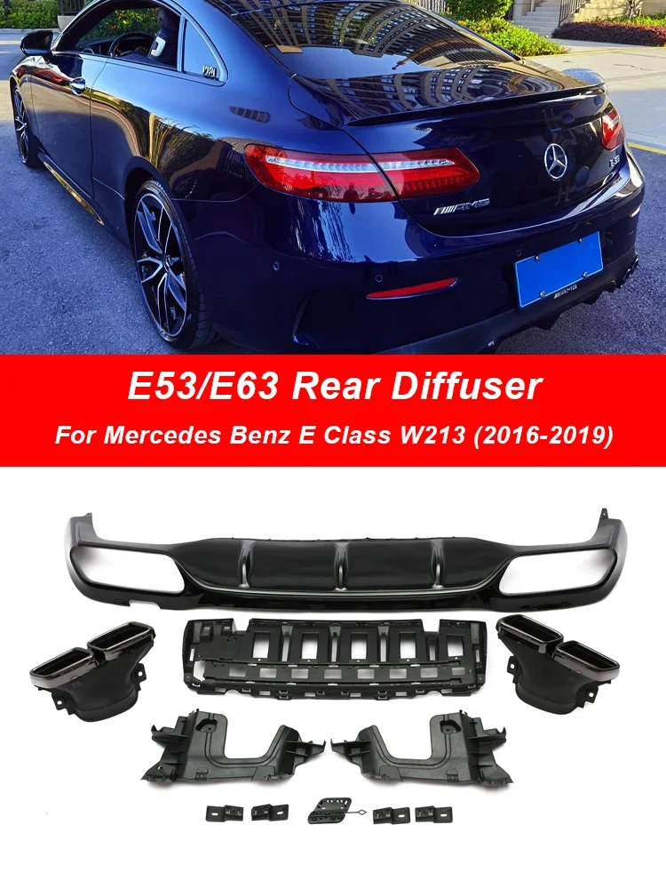 

For Benz E Class W213 2016-2019 Rear Bumper Lip Diffuser E63 E53 Look Style Spoiler With AMG Exhaust Tips Kit E300 Sport Sedan