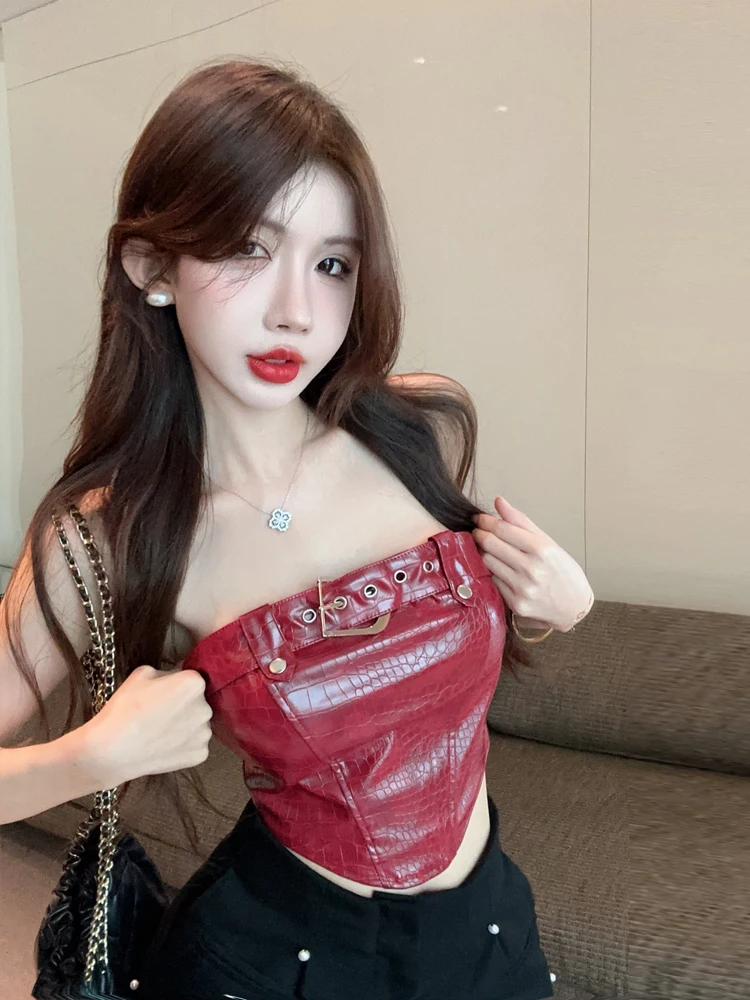 Retro Sexy Snake Skin Print Wrap Chest Backless Vest Design Short Slimming Versatile Women's Top  Back Leather Buckle