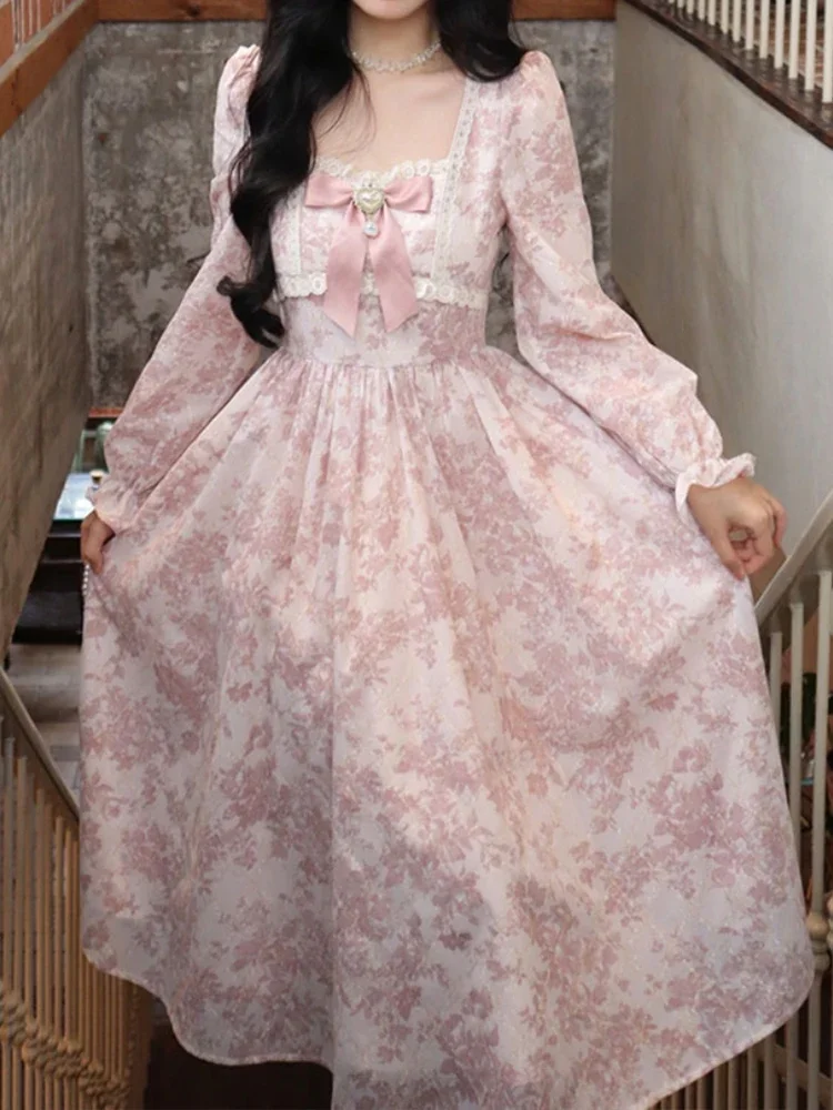 Abito da principessa rosa dolce abito Vintage con maniche a sbuffo con stampa floreale abito lungo con fiocco in pizzo Kawaii elegante stile francese femminile B79