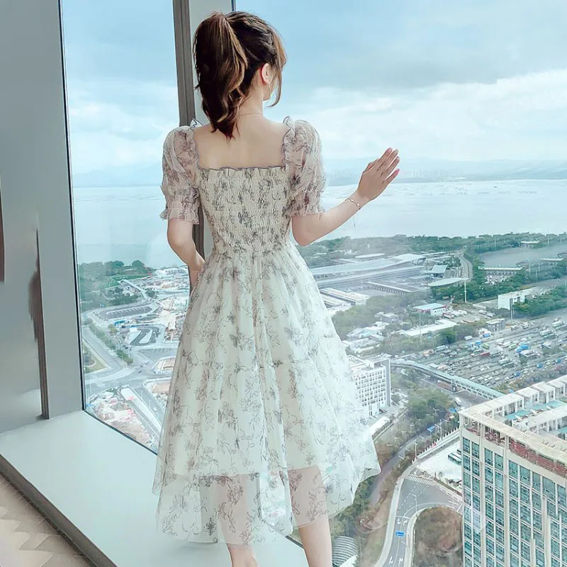 French High-grade Sweet Soft Style Mid-length Dress Women 2025 New Summer Floral Dress Fashionable Slim Printed Evening Dresses