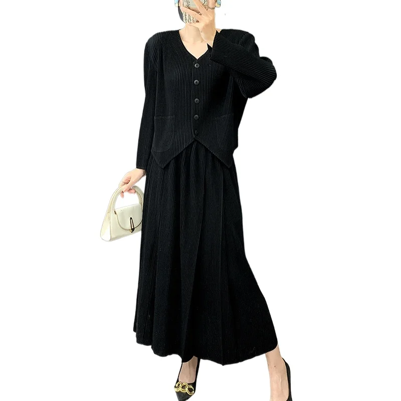 Miyake Pleated 2 Piece Set Women V Neck Button Long Sleeve Cardigan & Loose Midi Skirt Wrinkle Resistant Suit