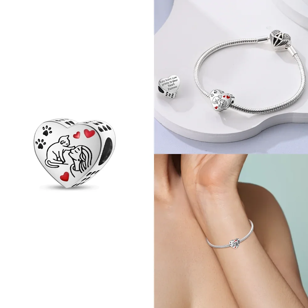 925 Silver Bracelet Jewelry Diy Accessories Beads Original Pink Zircon Hollow Out Heart Engraved Girl with Cat Hug Dog Paws Bead