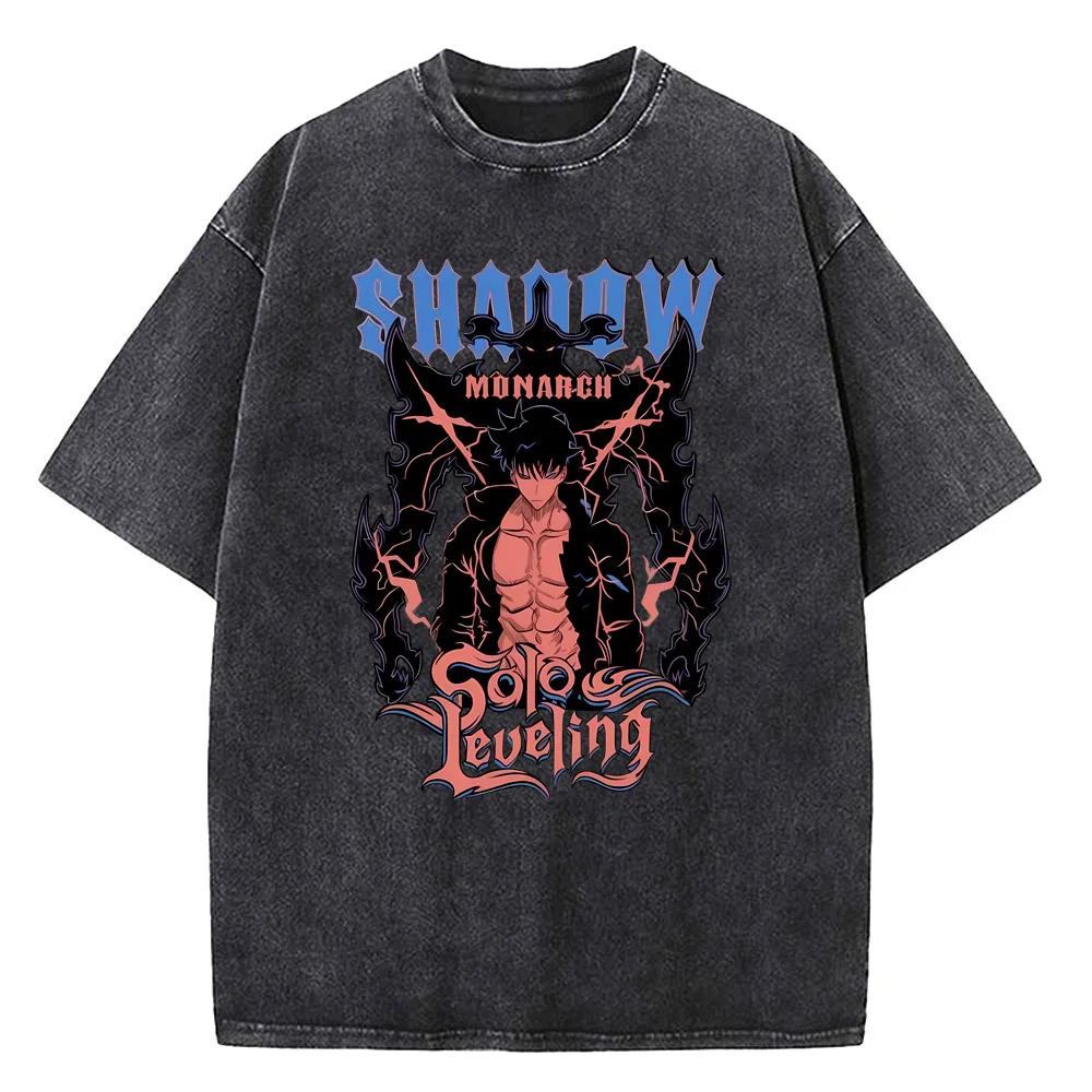 

Vintage Washed Cotton T Shirt Men Cotton Streetwear Anime Solo Leveling Graphic Print Tops Harajuku Loose Short Sleeve Tees