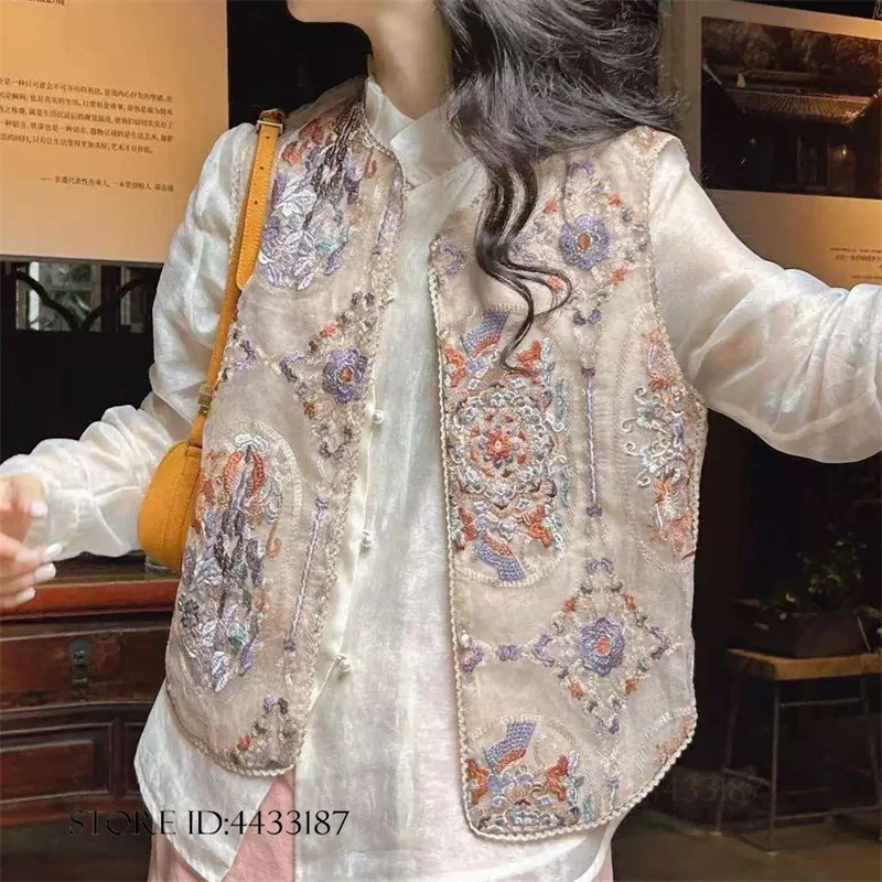 重い刺繍が施された唐服トップス、夏用女性用袍ベスト、伝統的な中国服、豪華なベスト、漢服アウター、大きいサイズ