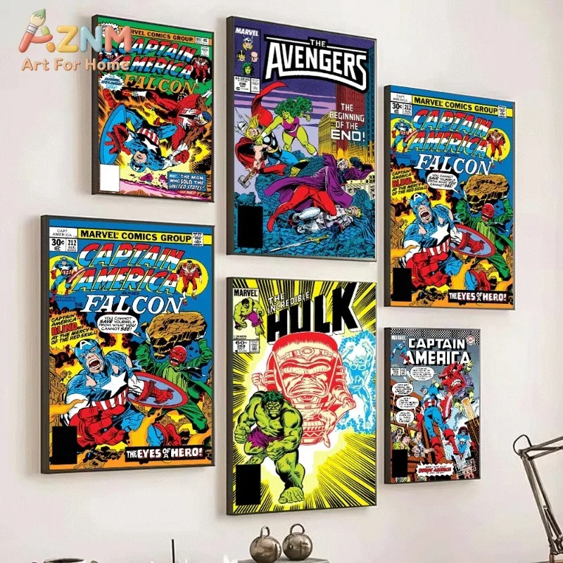 Vintage Captain America Comic Collage Canvas Wall Art Retro Superhero Poster For Bedroom Living Room Home Background Decoratio