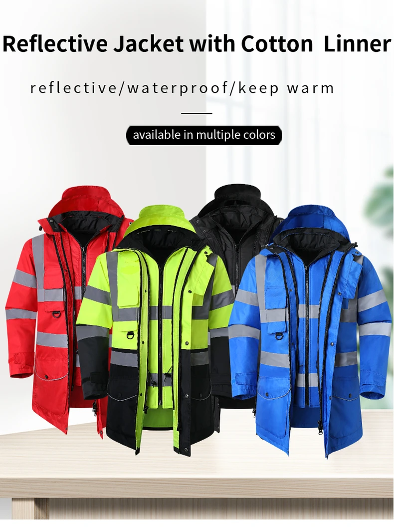 Safety Jacket Reflective Waterproof Windproof Coldproof Hi Vis 7 in 1 Parka Windbreaker Workwear with Detachable Cotton Linner