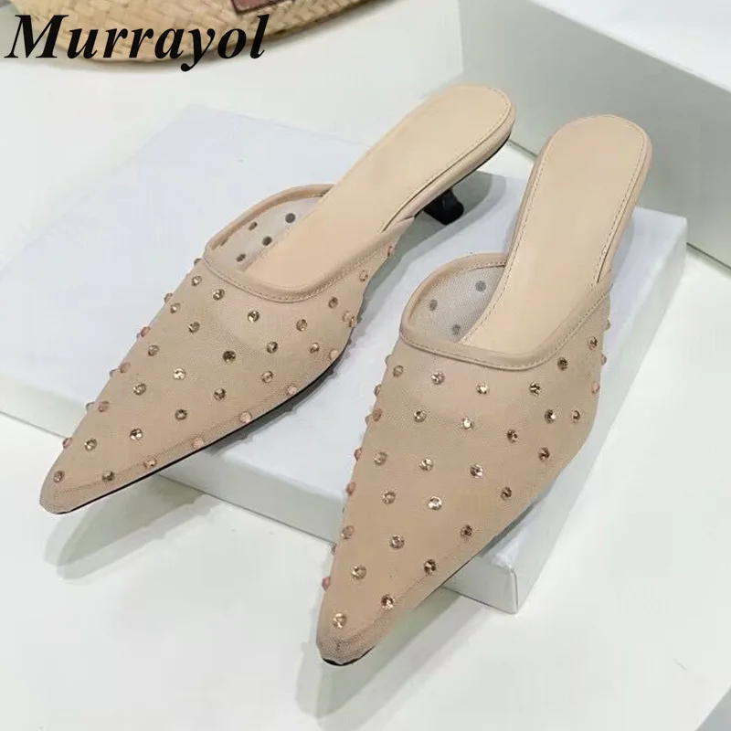 

Closed Toe Rhinestone Decor Mules Women's Pointed Toe Solid Color Low Heels Slippers Summer Vacation Beach Shoes Dress Shoes