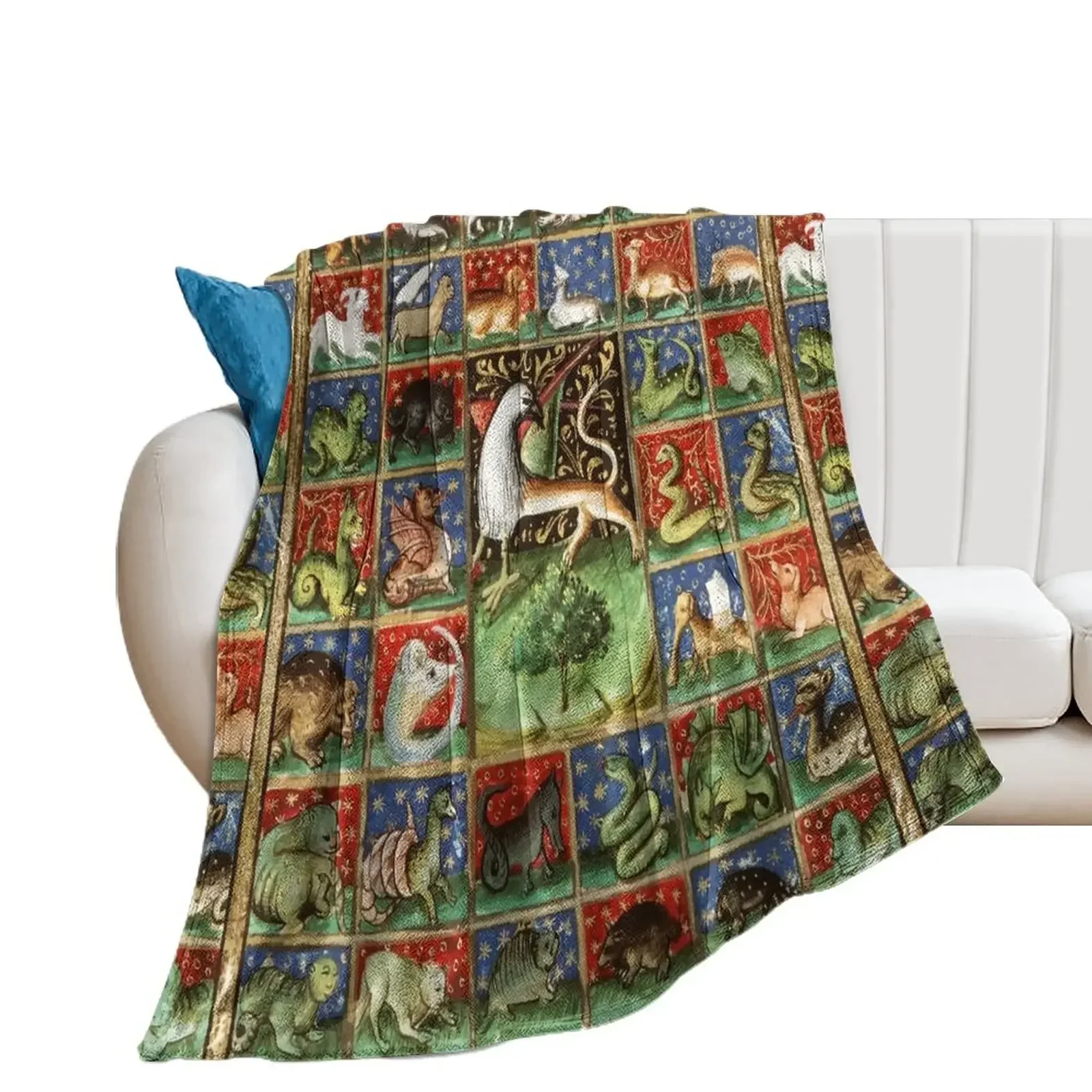 

MEDIEVAL BESTIARY Fantastic Animals in Red Blue Green Gold Hues Throw Blanket Thins Sofa Blankets