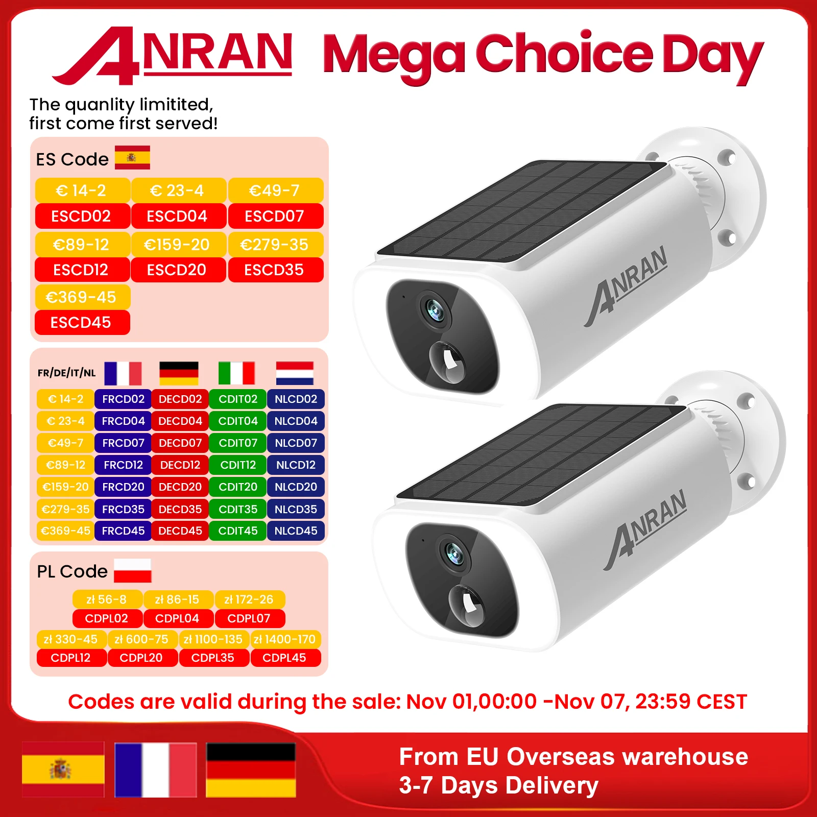 ANRAN 2/3/4 PCS Outdoor Wireless WIFI Camera 2.4G 3MP Battery Solar Security Camera Floodlight Color Night Vision Local Alarm